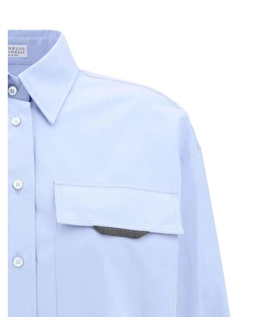 Brunello Cucinelli Blue Shirt With Jewel Embellished Pocket