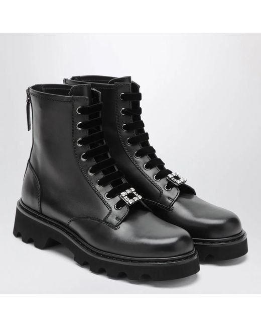 Roger Vivier Black Leather Ankle Boots With Rhinestone Buckle