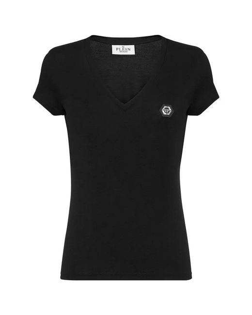 Philipp Plein Black V-Neck Cotton T-Shirt With Iconic Logo Detail And