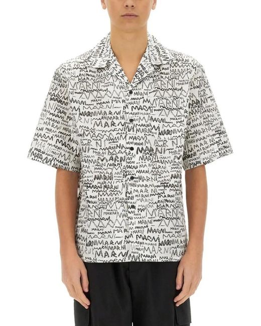 Marni Short-Sleeved Printed Cotton Shirt in Gray für Herren