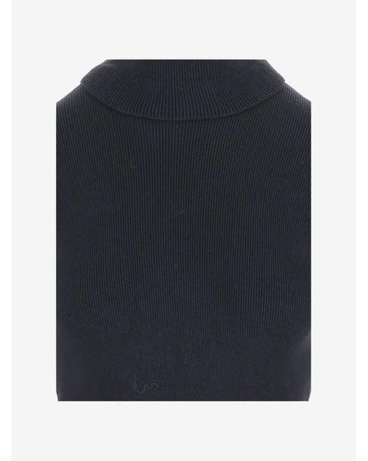 Chloé Blue Wool And Cotton Turtleneck Pullover With Flounce D
