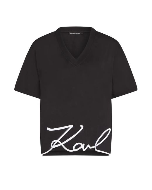 Karl Lagerfeld Black Signature T-Shirt Mit V-Ausschnitt