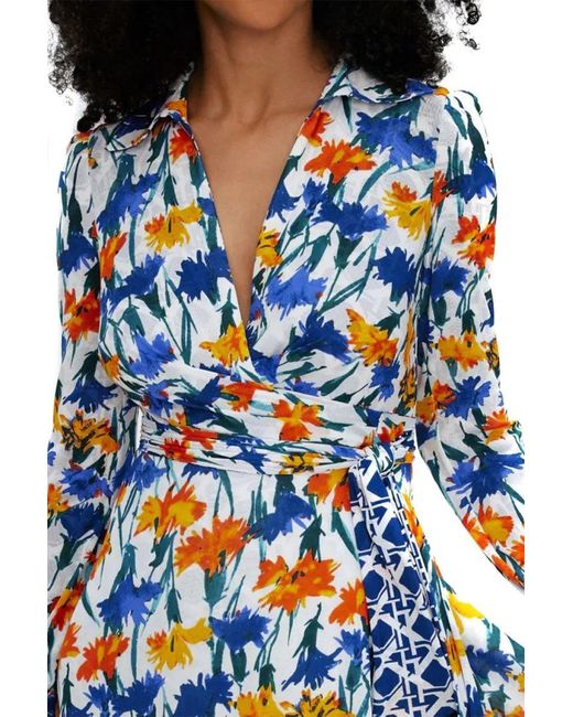 Diane von Furstenberg Blue Statement Wrap Dress With Floral Print And Tie Det