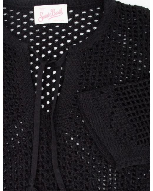 Mc2 Saint Barth Black Openwork Mesh Tunic With V-Neck