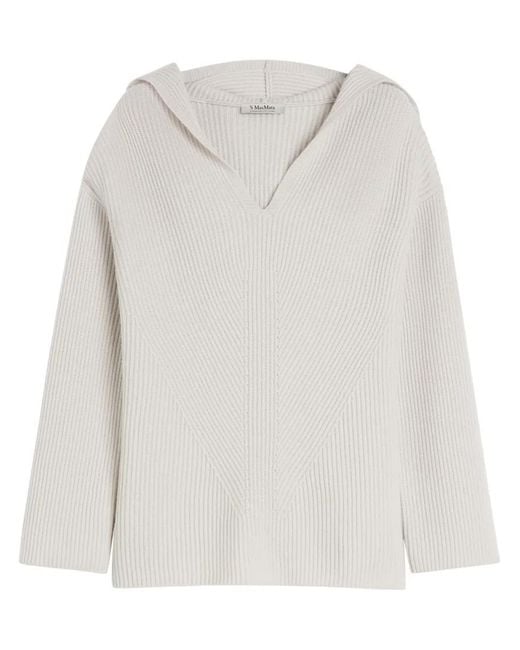 Max Mara White Relaxed Fit Deep V-Neck Sweater With Cozy Hood