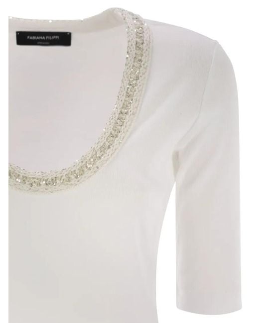 Fabiana Filippi White Ribbed Jersey T-Shirt With Contrasting Knit Collar