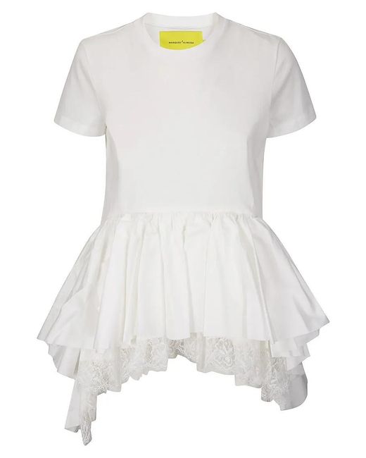Marques'Almeida White Cotton Top With Flared Hem And Lace Layers