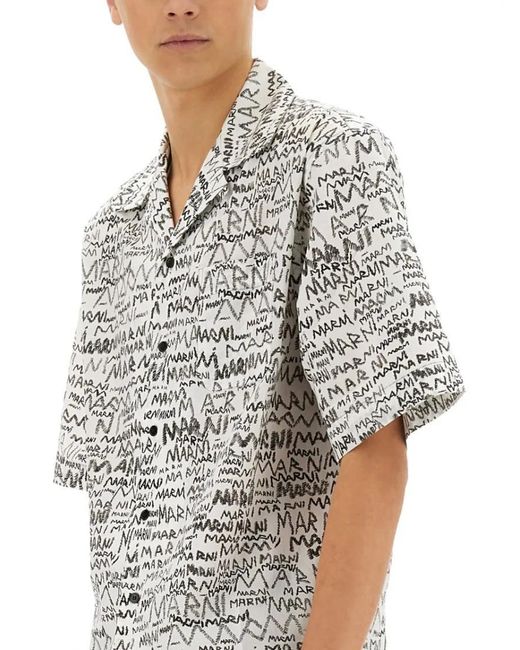 Marni Short-Sleeved Printed Cotton Shirt in Gray für Herren