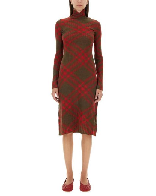 Burberry Red Plaid Wool Blend Midi Dress