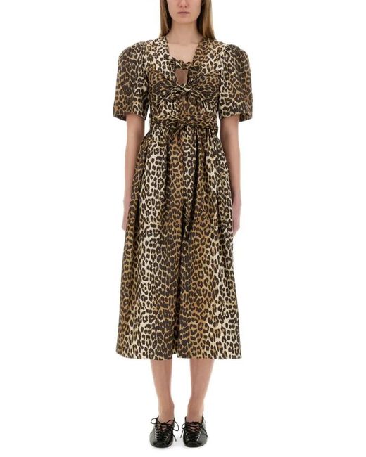 Ganni Natural Leopard Print Midi Dress