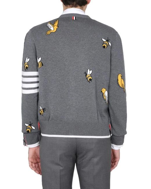 Thom Browne Cardigan With Birds And Bees Inlays in Gray für Herren