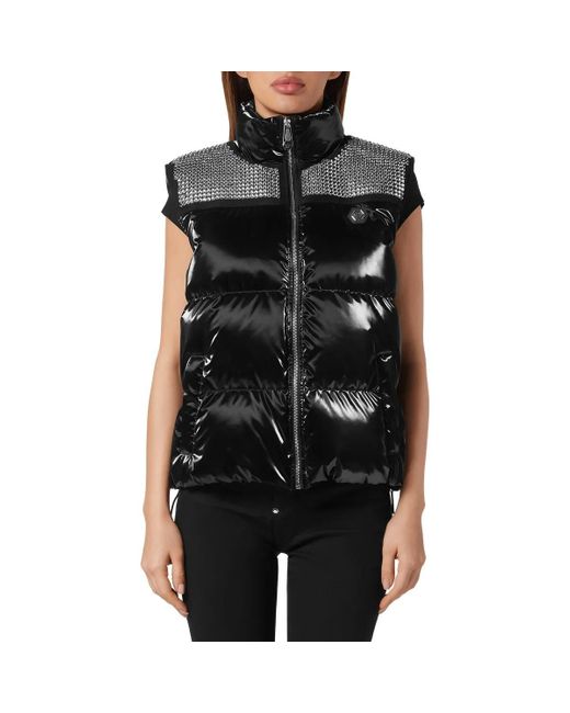 Philipp Plein Black Daunenweste Mit Schmucksteinen