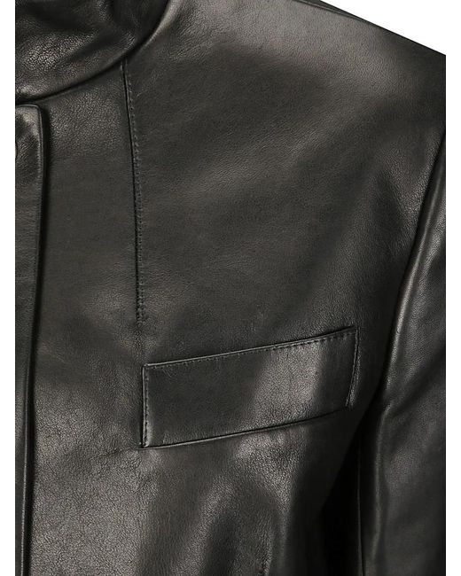 Khaite Black Cropped Leather Jacket With Padded Shoulders