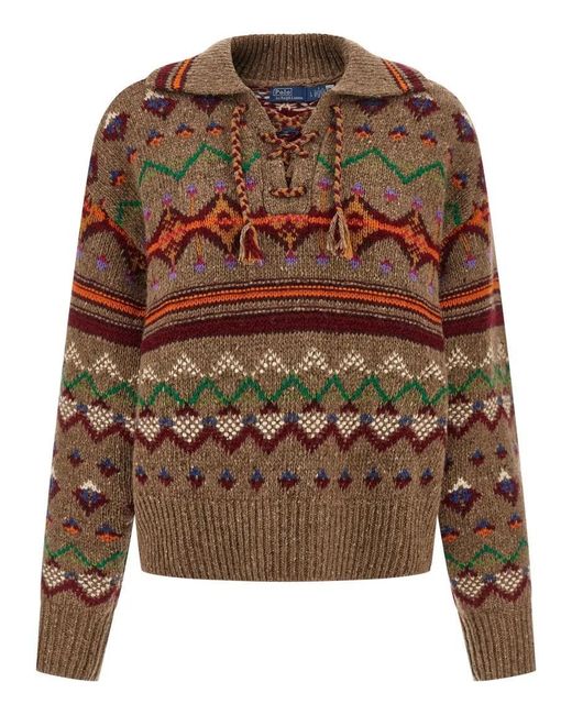 Polo Ralph Lauren Brown Jacquard Patterned Wool Sweater With Lace-Up V-Nec