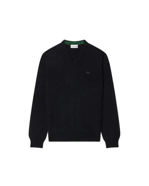 Lacoste Merino Wool Pullover With Ribbed V-Neck And Embroi in Black für Herren