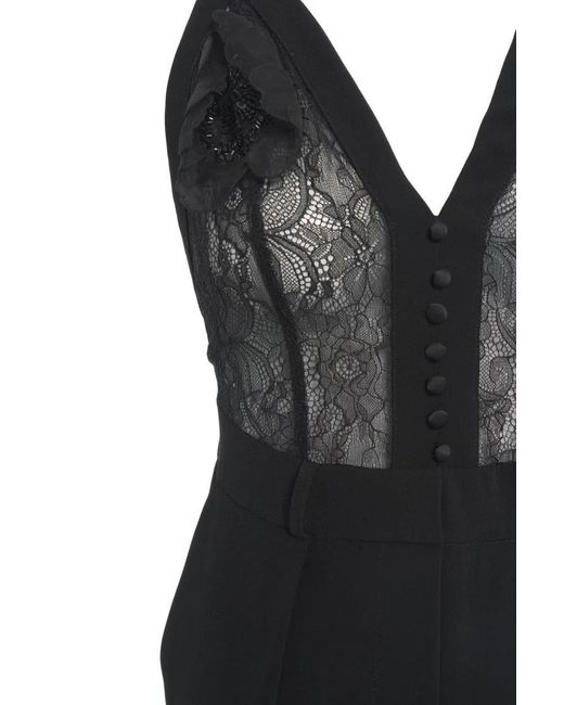 Elisabetta Franchi Black Wide-Leg Crêpe Jumpsuit With Lace Inserts And Pea