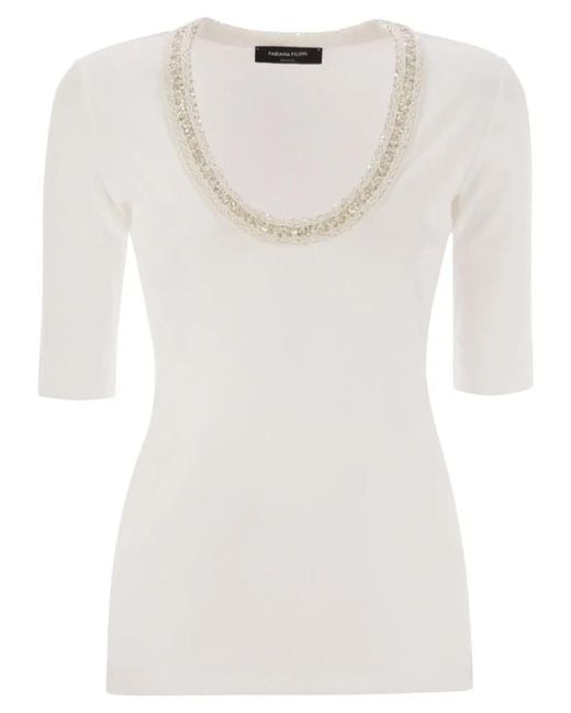 Fabiana Filippi White Ribbed Jersey T-Shirt With Contrasting Knit Collar