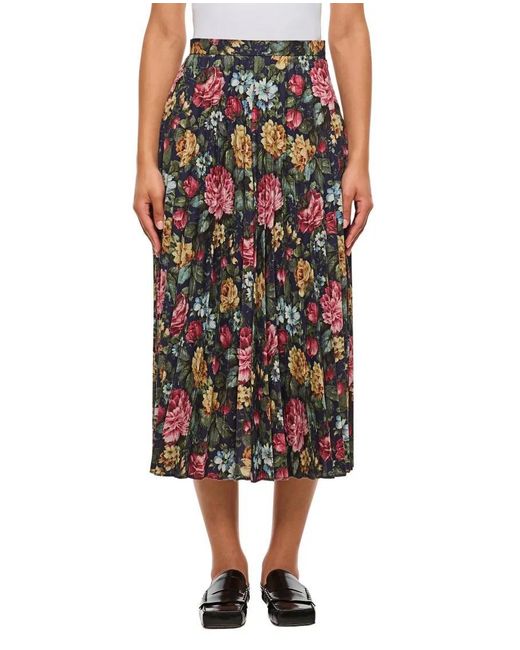 Junya Watanabe Black Flower Pattern Printed Pleated Midi Skirt