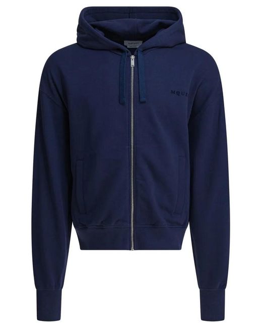 Alexander McQueen Full-Zip Hooded Sweatshirt With Embroidered Detail in Blue für Herren