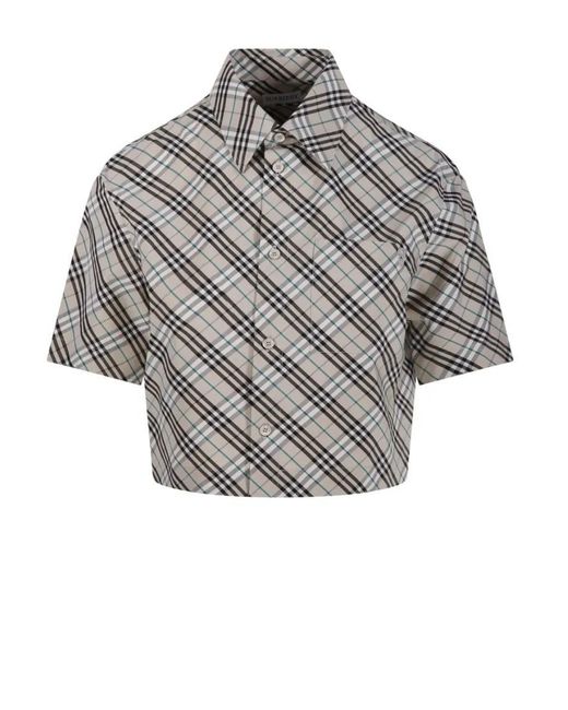 Burberry Gray Plaid Cropped Shirt With Structured Collar