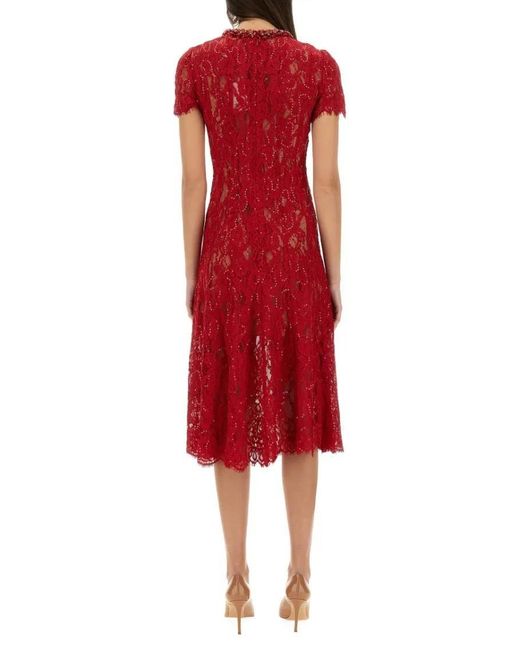 Self-Portrait Red Lace Midi Dress With Sparkling Sequins