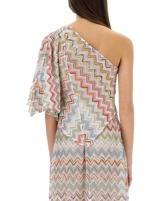 Missoni Multicolor One-Shoulder Top With 3D Lamé Zig Zags
