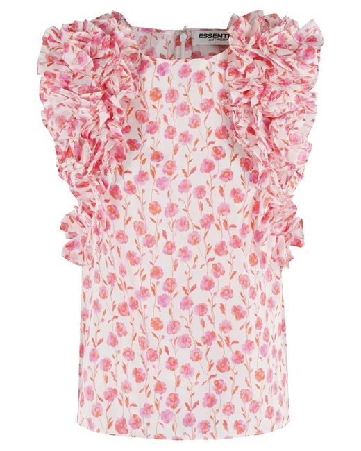 Essentiel Antwerp Pink Floral Print Ruffle Top With Soft-Fit Silhouette