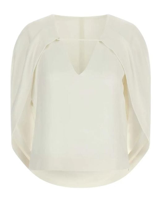 Alberta Ferretti White Cape-Inspired Stretch Cady Top With Draped Eleganc