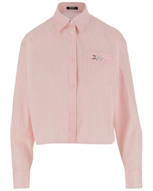 Versace Pink Cotton Crop Shirt With Pinstripe Chain Pattern