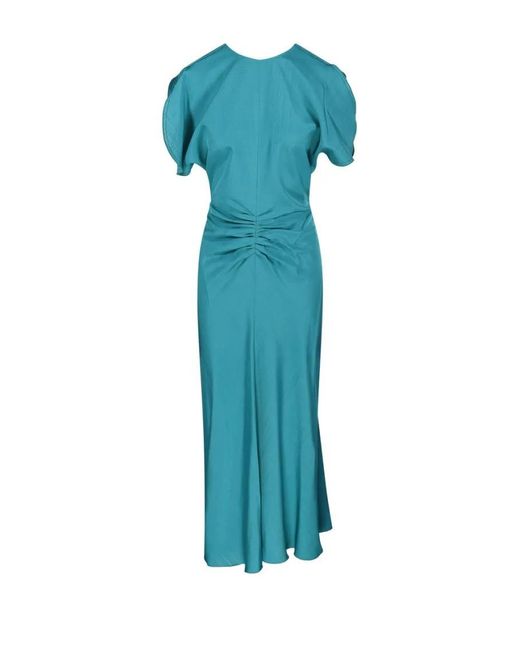 Victoria Beckham Blue Gathered Waist Midi Dress