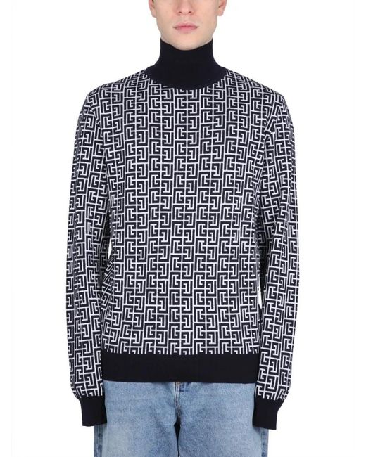 Balmain High-Neck Sweater With All-Over Monogram Pattern in Blue für Herren