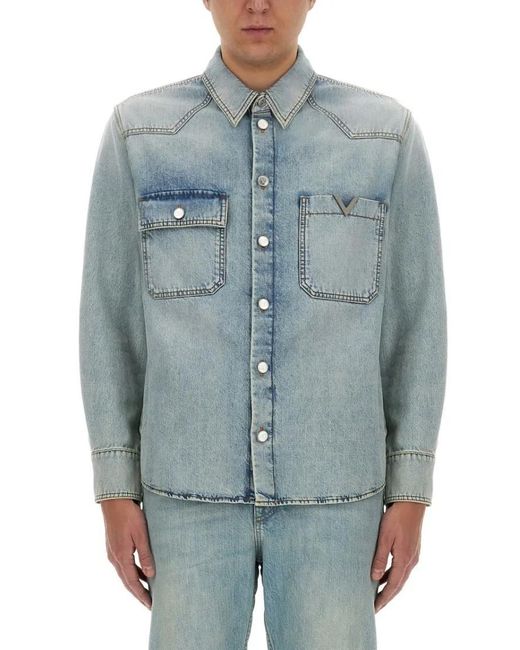 Valentino Garavani Classic Button-Up Denim Shirt With Chest Pockets in Blue für Herren