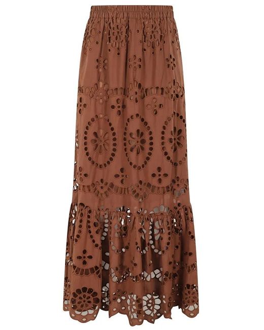 Mc2 Saint Barth Brown Intricately Designed Long Lace Skirt