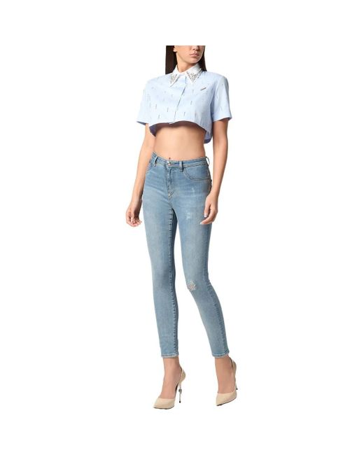 Philipp Plein Blue Hemdbluse Mit Schmucksteinen
