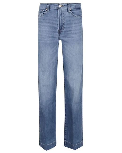7 For All Mankind Blue High-Waisted Wide-Flared Jeans With Subtle Whisker
