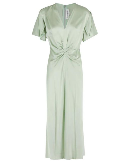Victoria Beckham Green Gathered V Neck Midi Dress