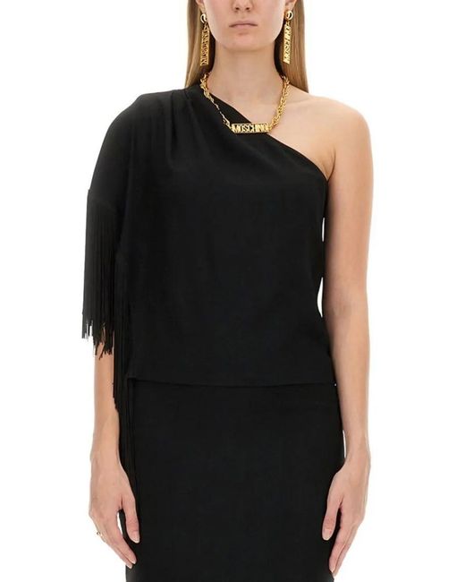 Moschino Black One-Piece Top With Fringed Shoulder Detail