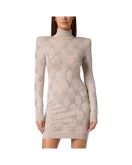 Philipp Plein Natural Strickkleid Monogram Mit Schmucksteinen