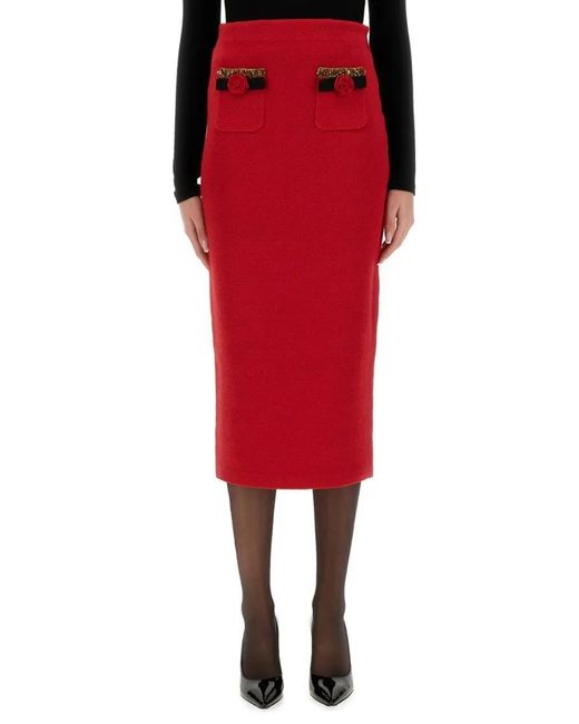 Self-Portrait Red Knitted Midi Skirt