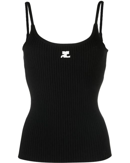 Courreges Black Ribbed Tank Top With U-Neckline