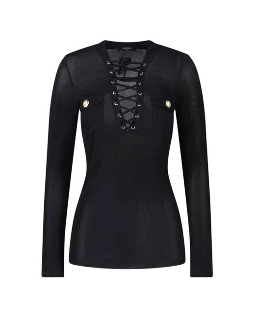 Balmain Black Fitted Sweater With Lace-Up V-Neckline