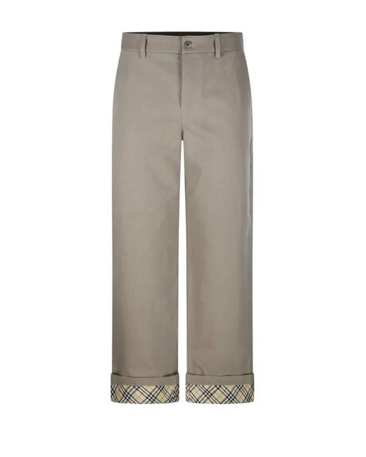 Burberry Relaxed Fit Cotton Pants With Check Pattern Cuffs in Gray für Herren