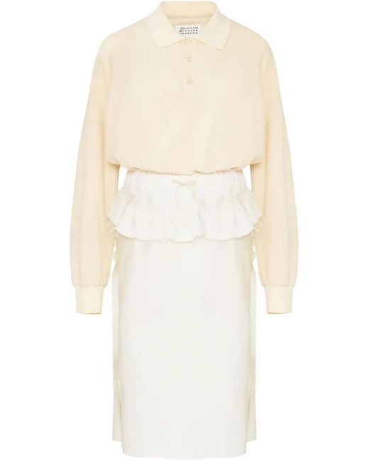Maison Margiela White Midi Dress With Polo Collar And Gathered Wai