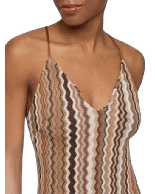 Mc2 Saint Barth Natural Chevron Pattern Maxi Dress With Deep V-Neck And Cr
