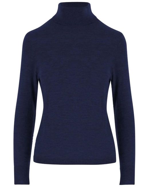 Allude Blue High Neck Merino Wool Sweater With Contrasting Edg