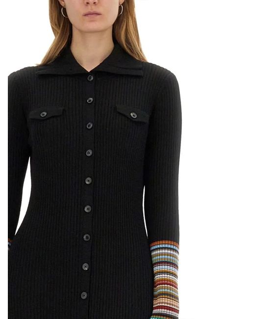 Paul Smith Black Ribbed Knit Dress With Button-Down Front