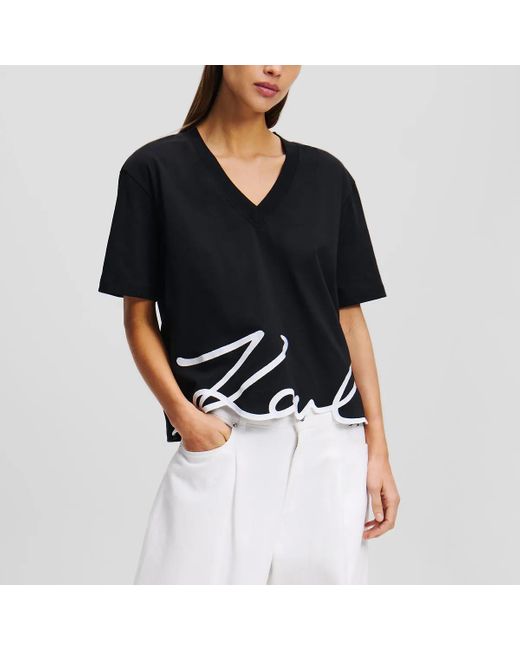 Karl Lagerfeld Black Signature T-Shirt Mit V-Ausschnitt