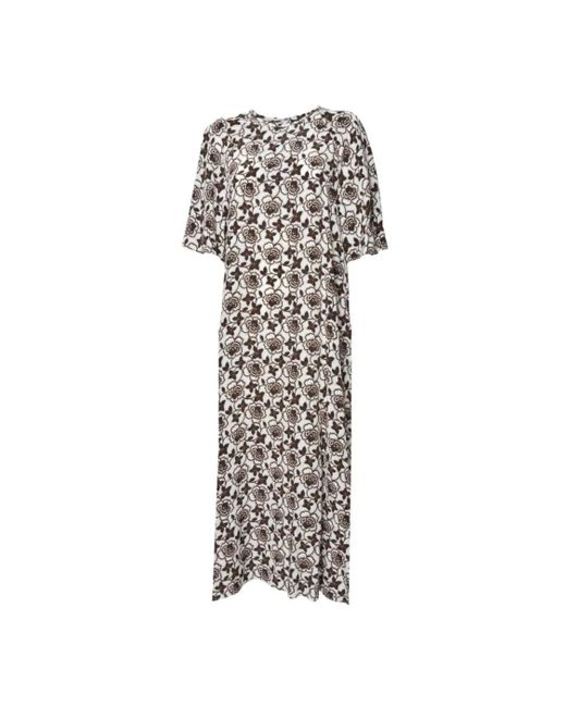 Max Mara Gray Floral Pattern Maxi Dress With Short Sleeves