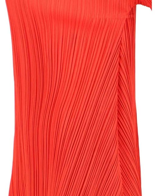 Pleats Please Issey Miyake Red Flowing Dress With Vertical Pleats