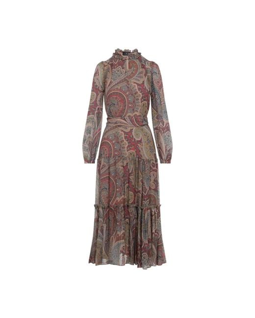 Etro Brown High Neck Ruffle Maxi Dress With Paisley Print